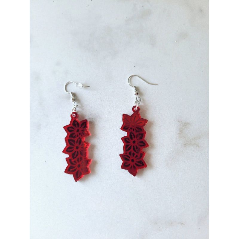 Red Mirror Acrylic Poinsettia Earrings