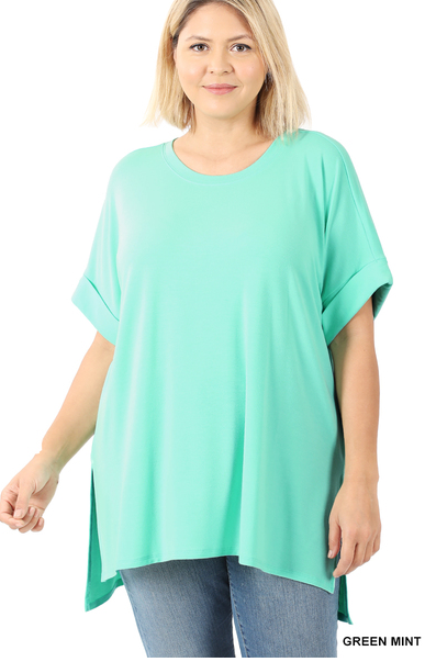 Round Neck Rolled Sleeve Top-Mint(379)