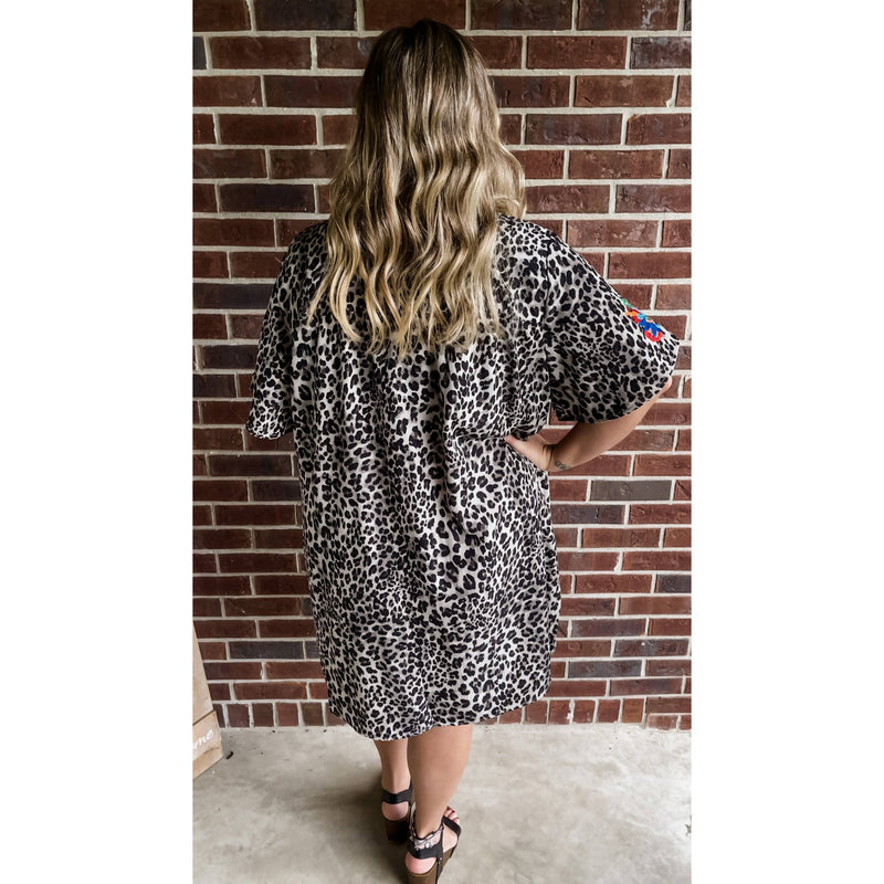 Grey Leopard Embroidered Dress