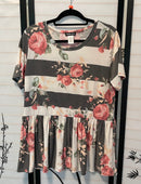 Striped Floral Ruffle Top(213)