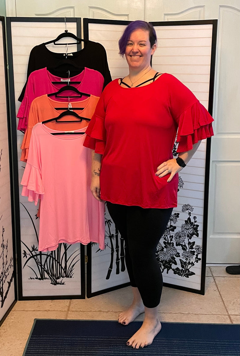 Double Ruffle Sleeve Top-Coral(320)