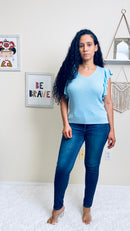 Knit Blouse with Ruffle Sleeves Sky Blue