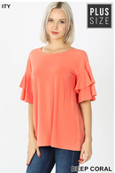 Double Ruffle Sleeve Top-Coral(320)