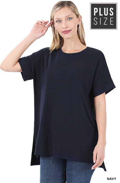 Round Neck Rolled Sleeve Top-Navy(382)