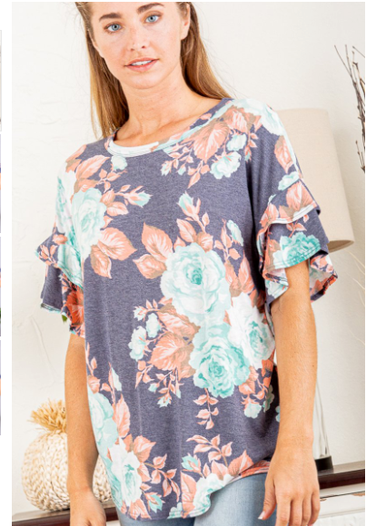 Ruffled Sleeve Coral Floral Top(428)