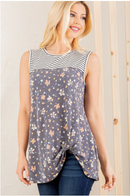Sleeveless Stripe/Floral Knotted Tank(32)
