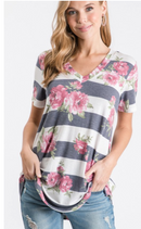 V-Neck Stripe Floral Top(334)