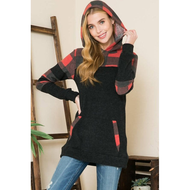 PLAID COLOR BLOCK HOODIE TUNIC WITH FRONT POCKETS