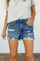 High Rise Shorts With Fray Hem And Distressing