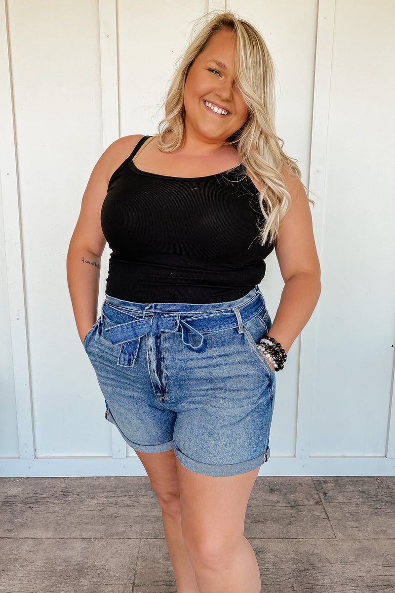 High Rise Tie Waist Kancan Shorts PLUS1