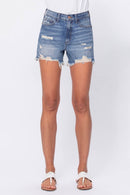 High Rise Shorts With Fray Hem And Distressing