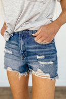 High Rise Shorts With Fray Hem And Distressing
