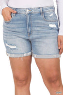 Light Wash Raw Hem Shorts - PLUS