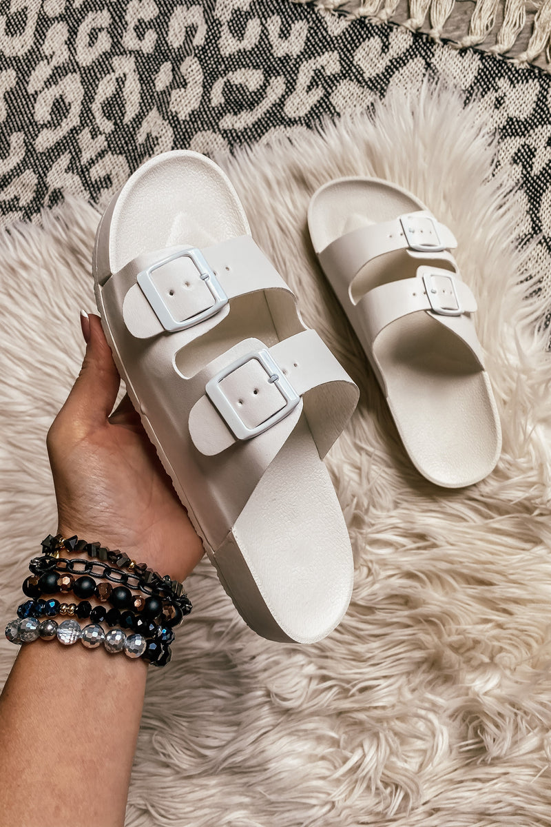 Double Strap Slip On Sandals in White