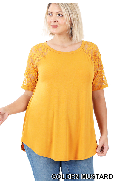 Lace Short Sleeve Top-Mustard(375)