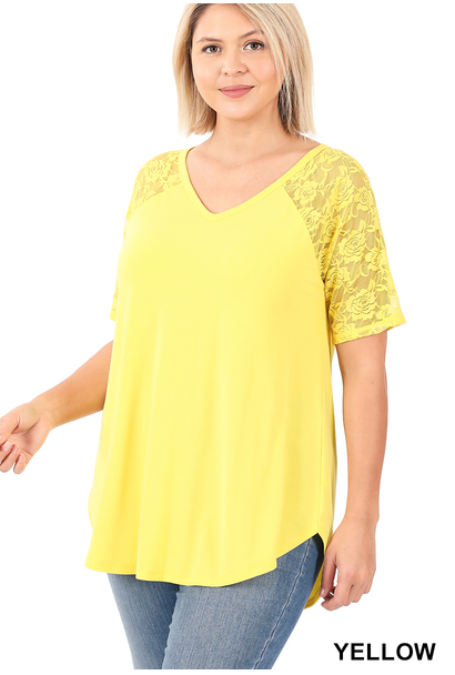 Lace Short Sleeve Top-Yellow(385)