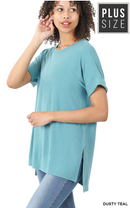 Round Neck Rolled Sleeve Top-Dusty Teal(374)
