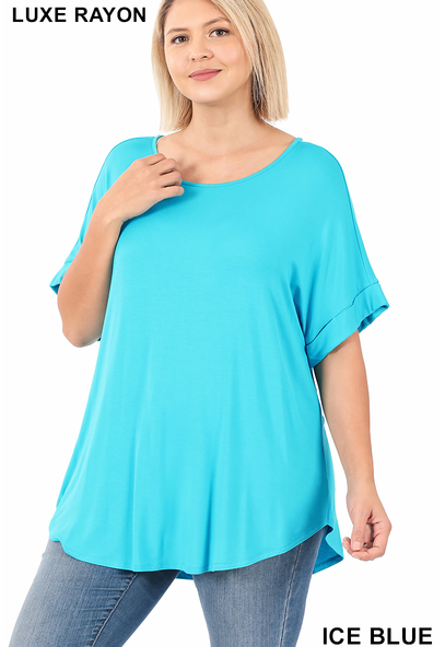 Rolled Sleeve Boat Neck Top-Ice Blue(469)