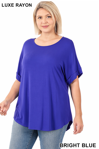 Rolled Sleeve Boat Neck Top-Royal(378)