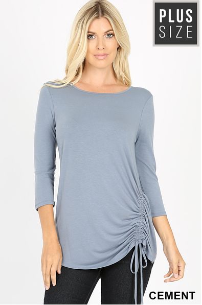 Side Ruched 3/4 Sleeve Top- Cement(302)