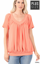 V-Neck Shirring Top- Coral(585)