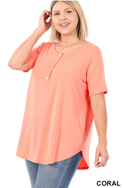 Short Sleeve Henley Top- Coral(395)